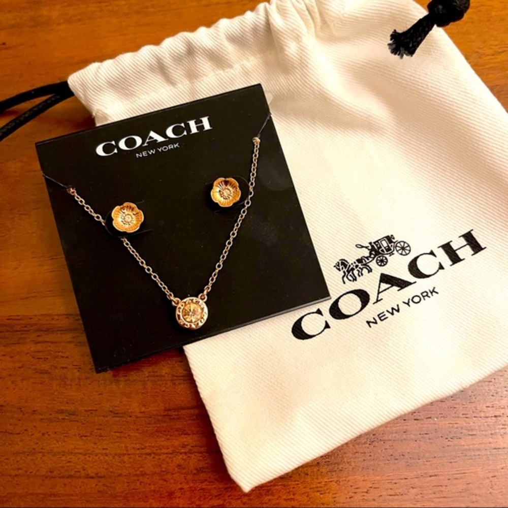 COACH Open Circle Necklace And Tea Rose Stud Set